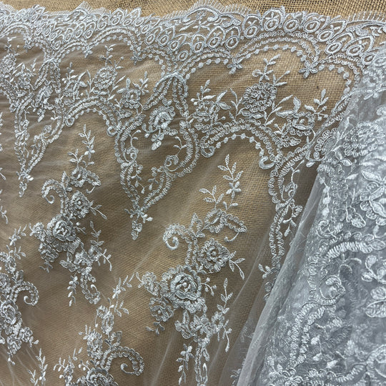 Corded Bridal Lace Fabric Embroidered on 100% Polyester Net Mesh | Lace USA -96806W