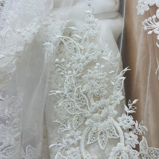 Beaded & Corded Bridal Lace Fabric Embroidered on 100% Polyester Net Mesh | Lace USA - GD-55619