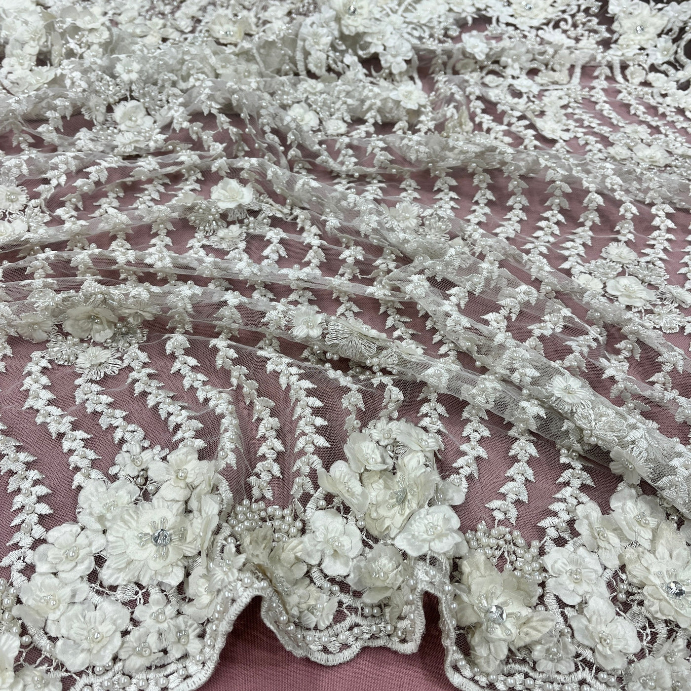 Beaded 3D Floral Lace Fabric Embroidered on 100% Polyester Net Mesh | Lace USA - GD-363