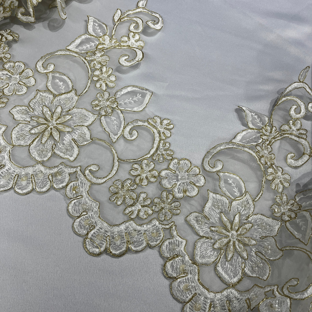 Beaded & Corded Lace Trimming Embroidered on 100% Polyester Organza | Lace USA - 95988N-BP