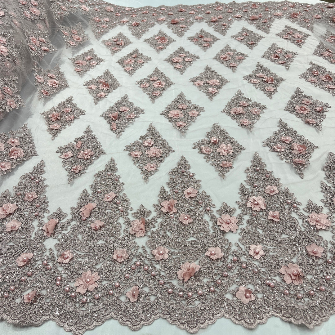 Beaded 3D Floral Lace Fabric Embroidered on 100% Polyester Net Mesh | Lace USA - GD-19211