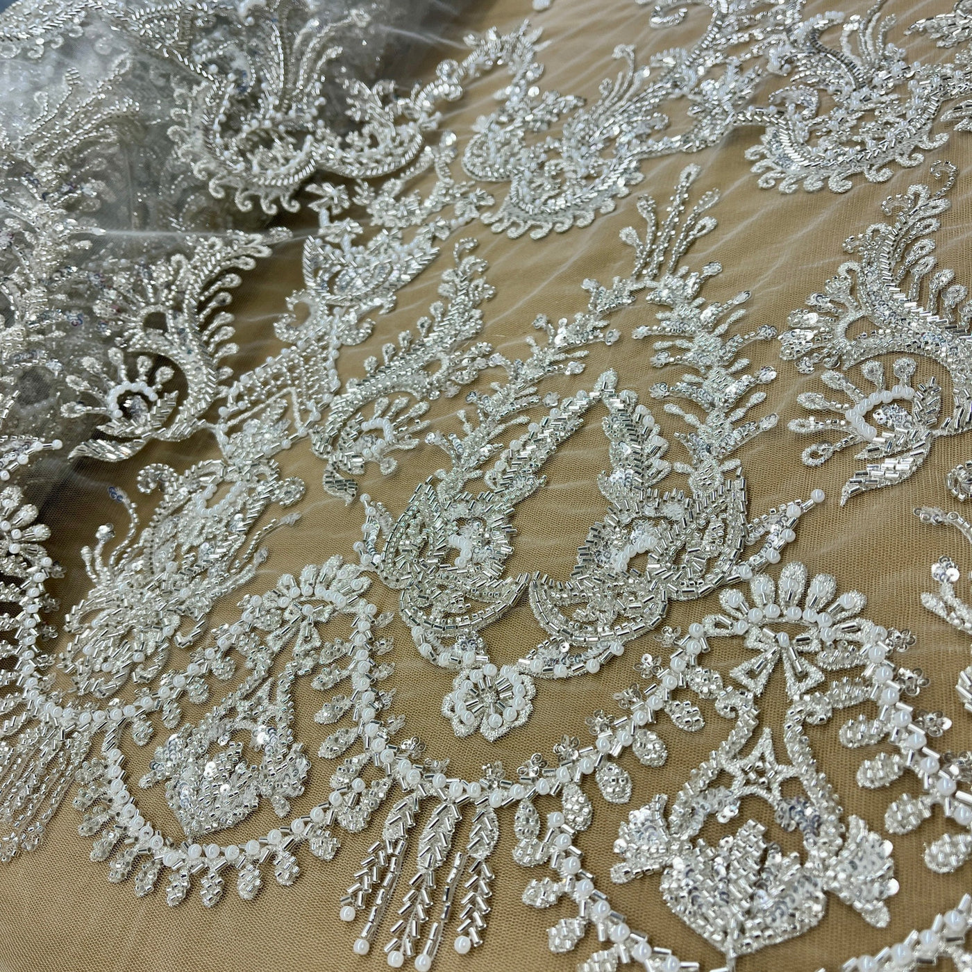 Beaded Lace Fabric Embroidered on 100% Polyester Net Mesh | Lace USA - GD-237189 Antique Silver