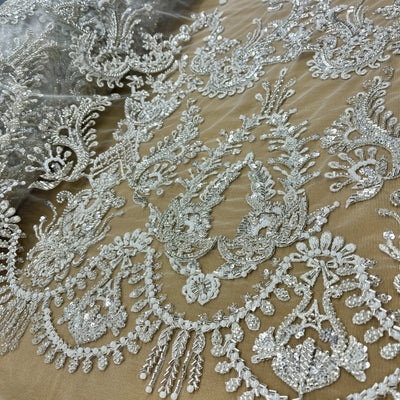 Beaded Lace Fabric Embroidered on 100% Polyester Net Mesh | Lace USA - GD-237189 Antique Silver