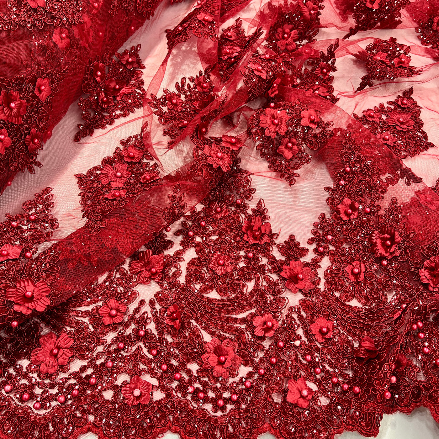 Beaded 3D Floral Lace Fabric Embroidered on 100% Polyester Net Mesh | Lace USA - GD-19211