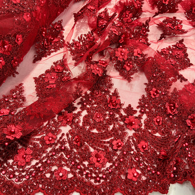 Beaded 3D Floral Lace Fabric Embroidered on 100% Polyester Net Mesh | Lace USA - GD-19211