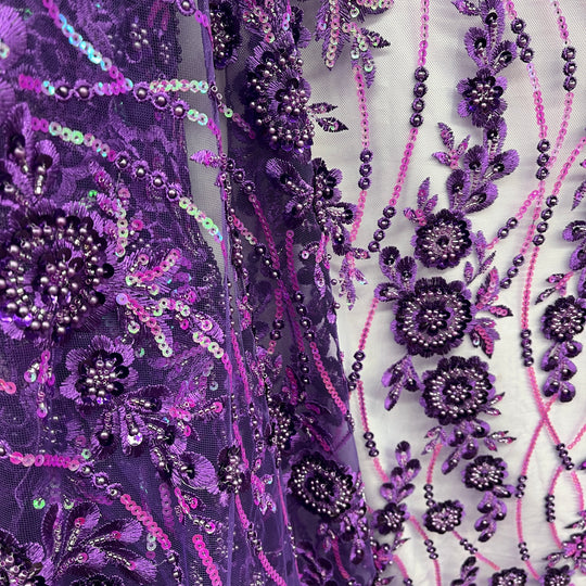 Beaded and Sequined Floral Sparkling Lace Fabric Embroidered on 100% Polyester Net Mesh| Lace USA - GD-2219