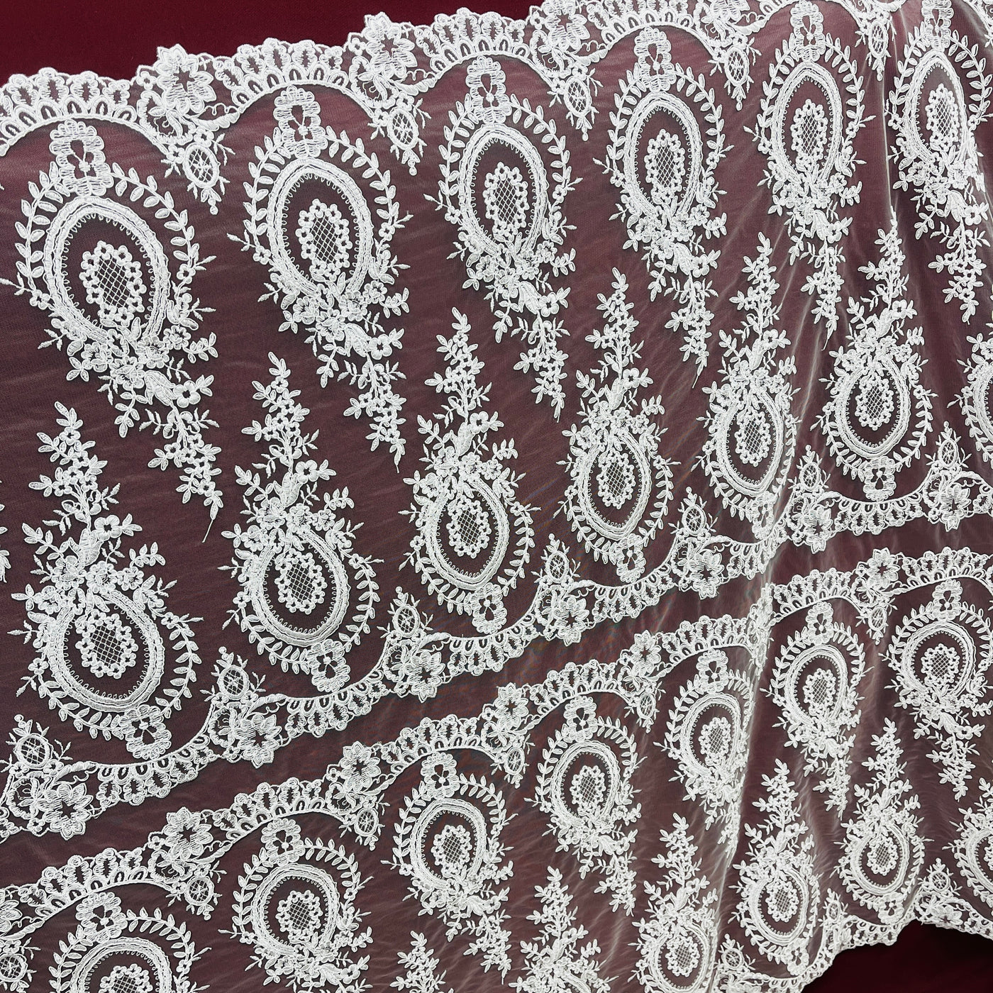 Corded Bridal Lace Fabric Embroidered on 100% Polyester Net Mesh | Lace USA - 97055W