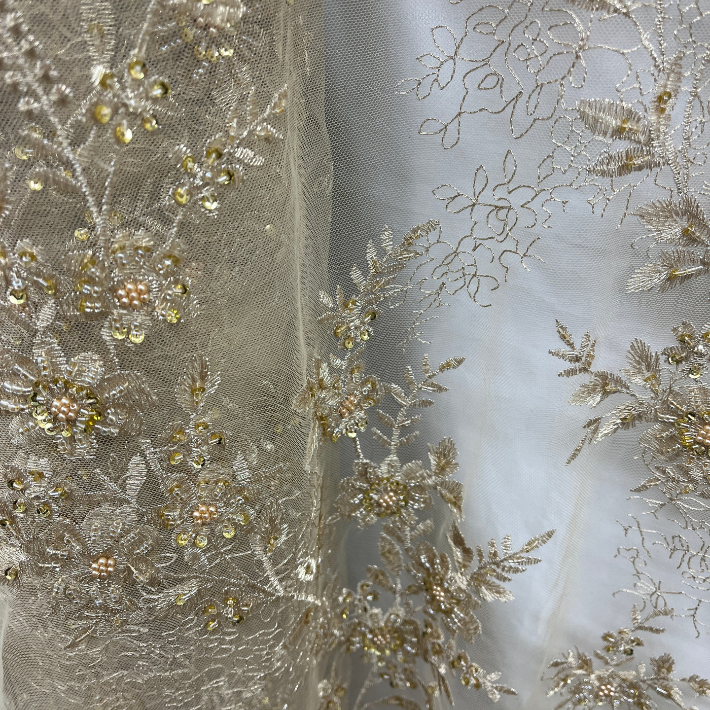 Beaded Floral Lace Fabric Embroidered on 100% Polyester Net Mesh | Lace USA - GD-18614