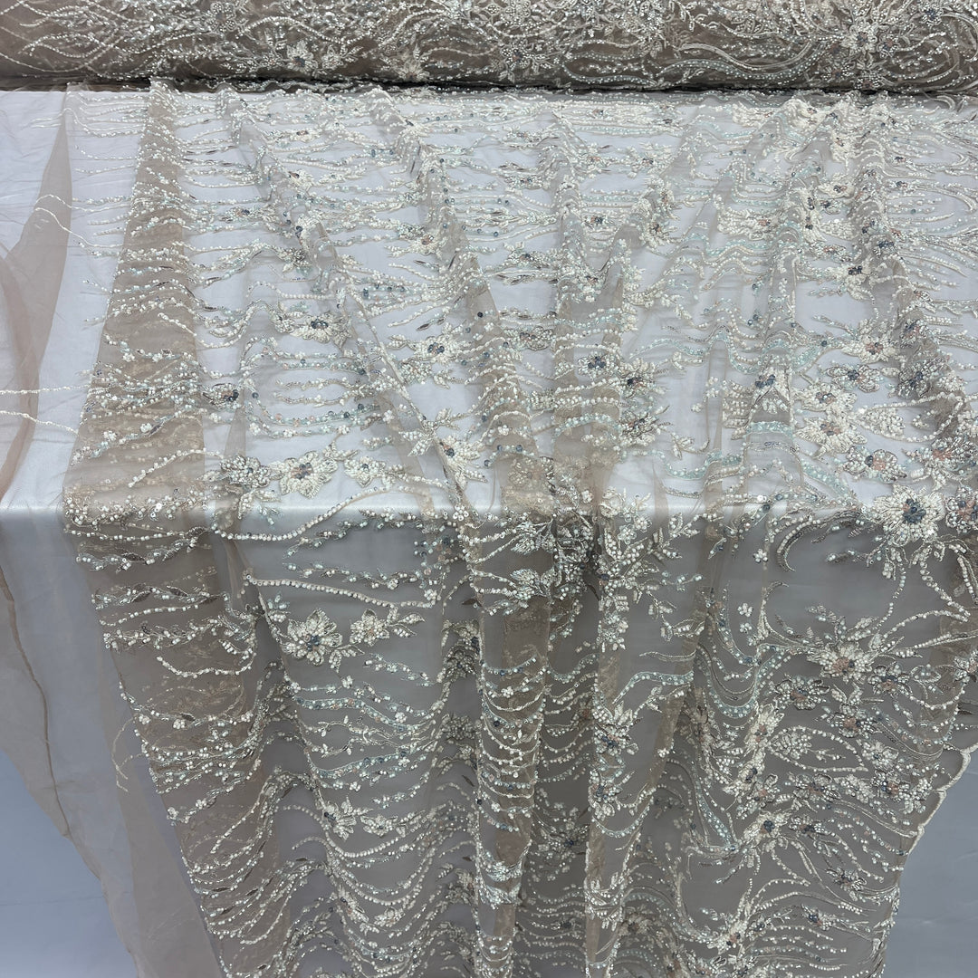 Beaded Lace Fabric Embroidered on 100% Polyester Net Mesh | Lace USA - GD-26227