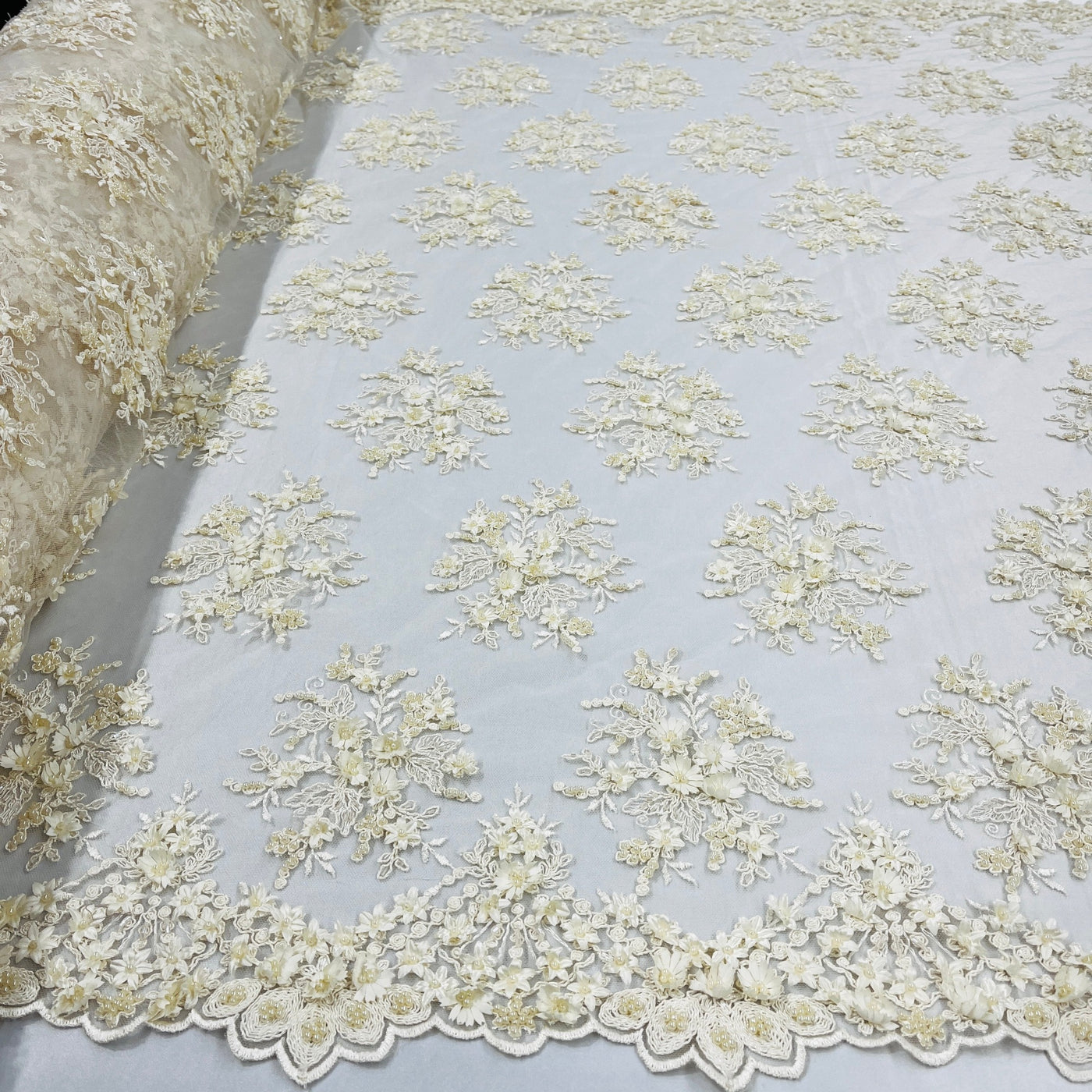 Beaded 3D Floral Lace Fabric Embroidered on 100% Polyester Net Mesh | Lace USA - GD-361