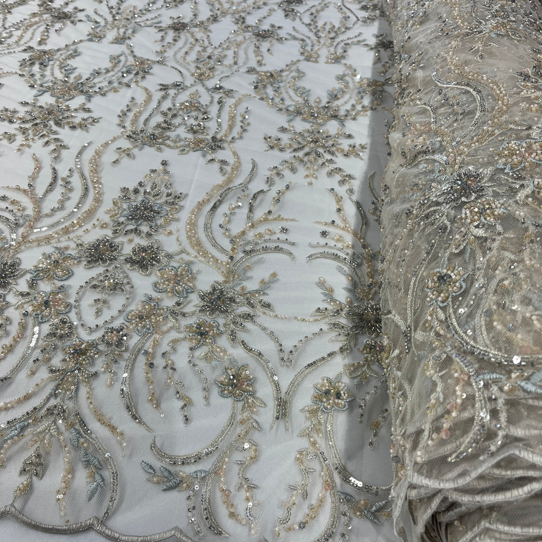 Beaded Lace Fabric Embroidered on 100% Polyester Net Mesh | Lace USA - GD-26227
