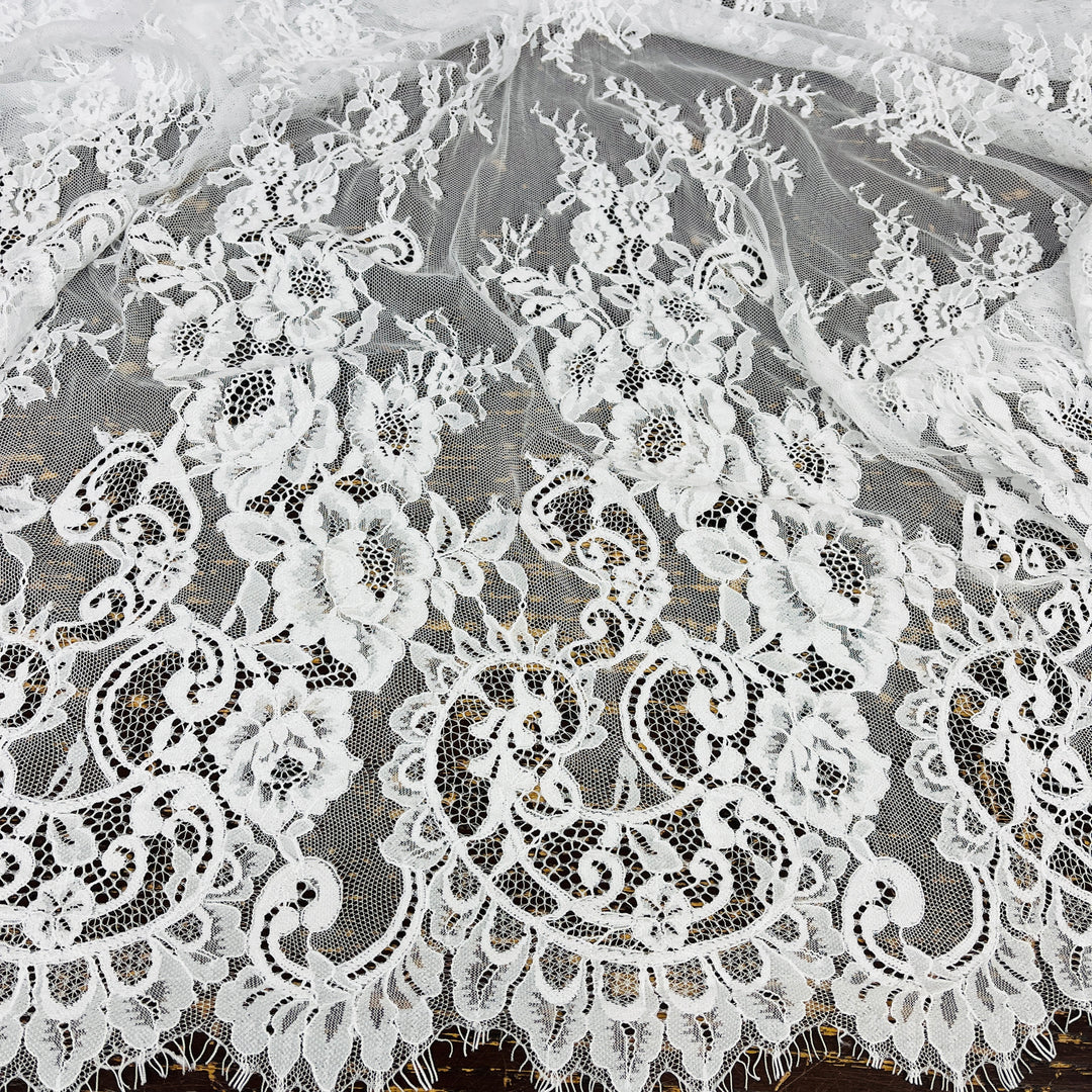 Chantilly Embroidered Lace Fabric with Eyelash Scallop | Lace USA - 68126W