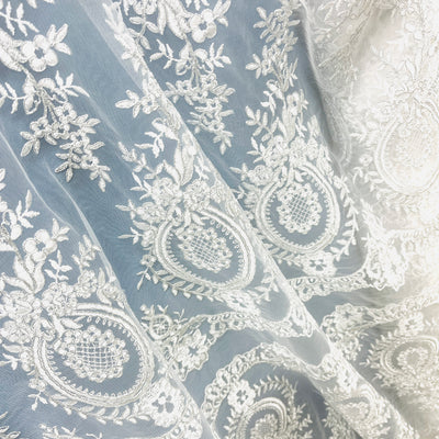 Corded Bridal Lace Fabric Embroidered on 100% Polyester Net Mesh | Lace USA - 97055W