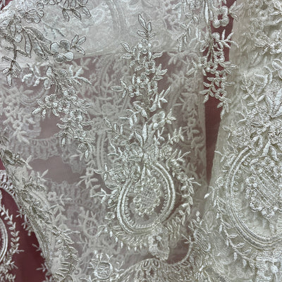 Corded Bridal Lace Fabric Embroidered on 100% Polyester Net Mesh | Lace USA - 97055W