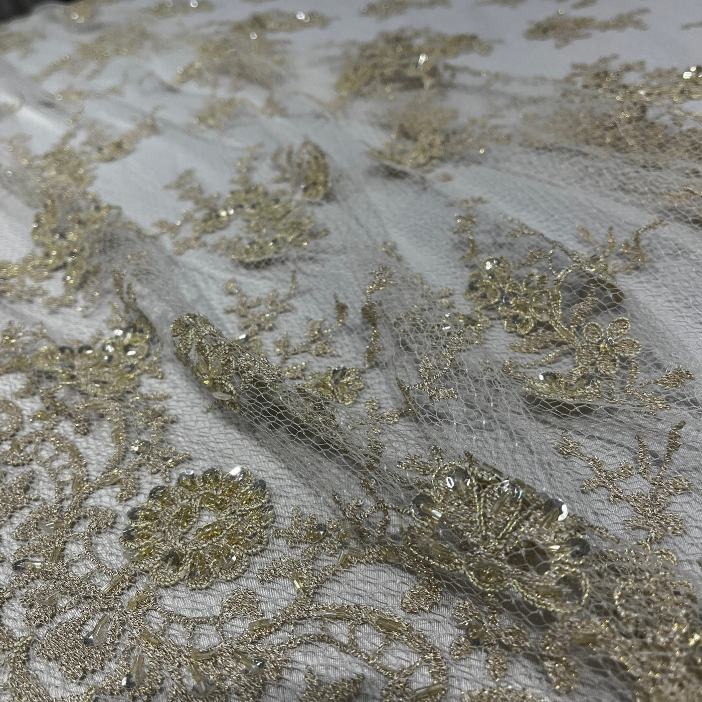 Beaded Lace Fabric Embroidered on 100% Polyester Net Mesh | Lace USA - 96731W-BP Gold