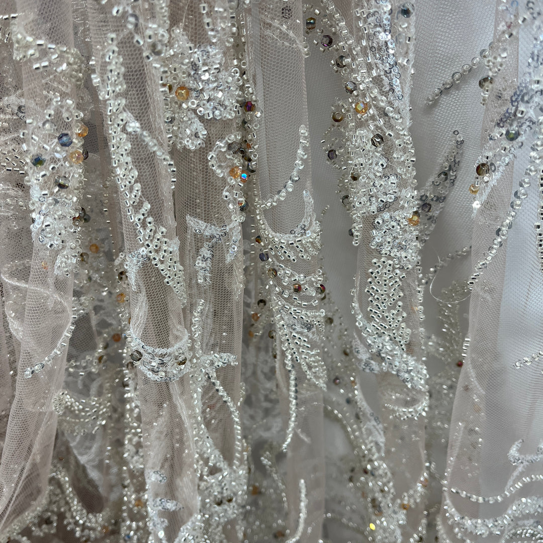 Beaded Lace Fabric Embroidered on 100% Polyester Net Mesh | Lace USA - GD-266 50" Wide
