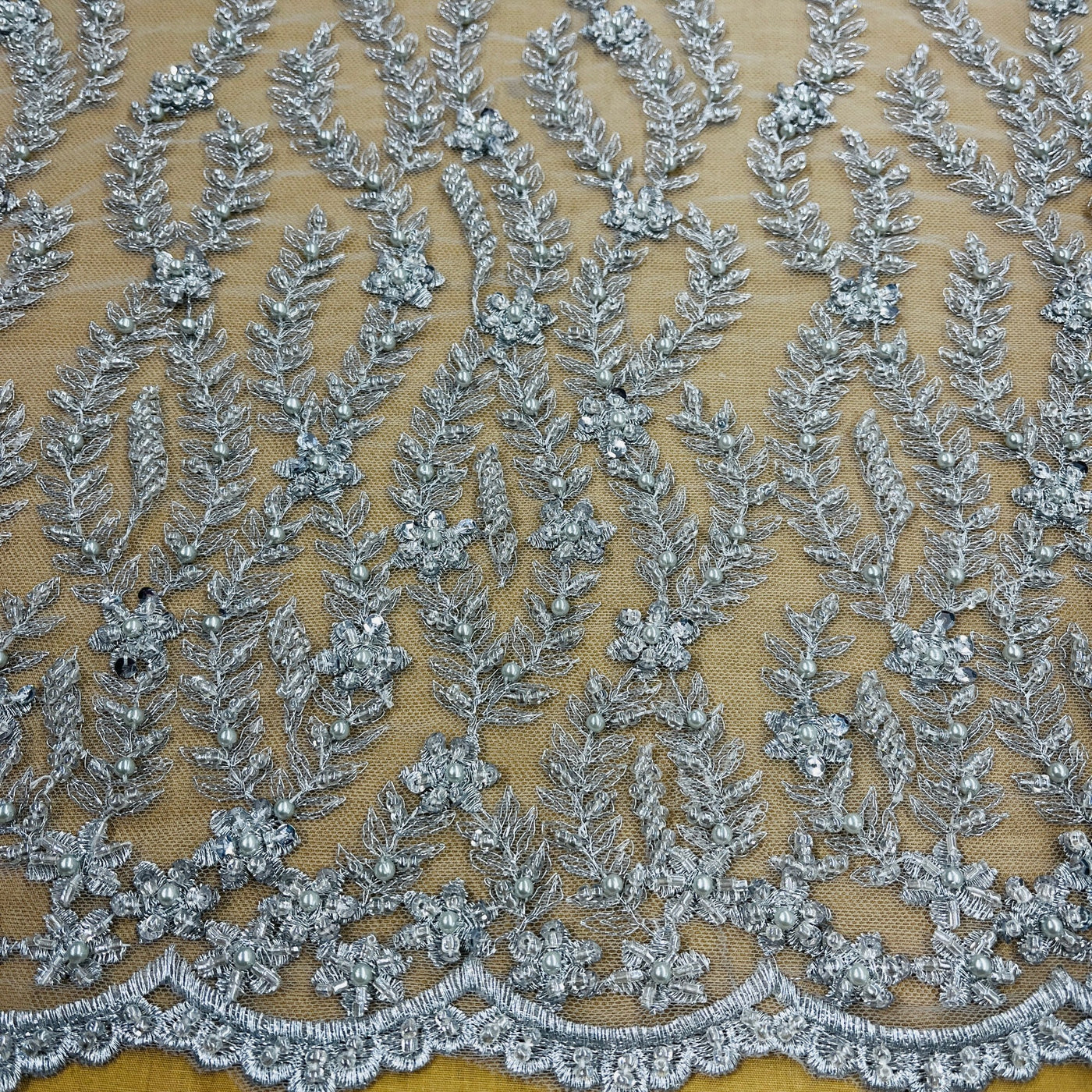 Beaded Lace Fabric Embroidered on 100% Polyester Net Mesh | Lace USA - GD-18613 Silver