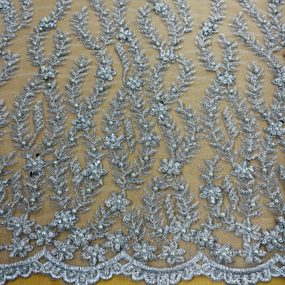 Beaded Lace Fabric Embroidered on 100% Polyester Net Mesh | Lace USA - GD-18613 Silver