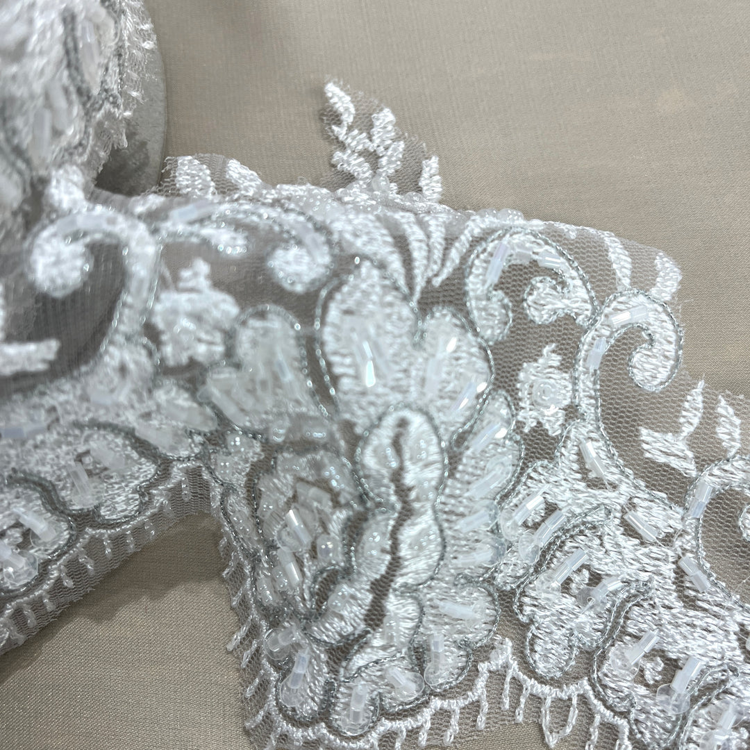 Beaded Lace Trimming Embroidered on 100% Polyester Mesh | Lace USA - 96686W-BP
