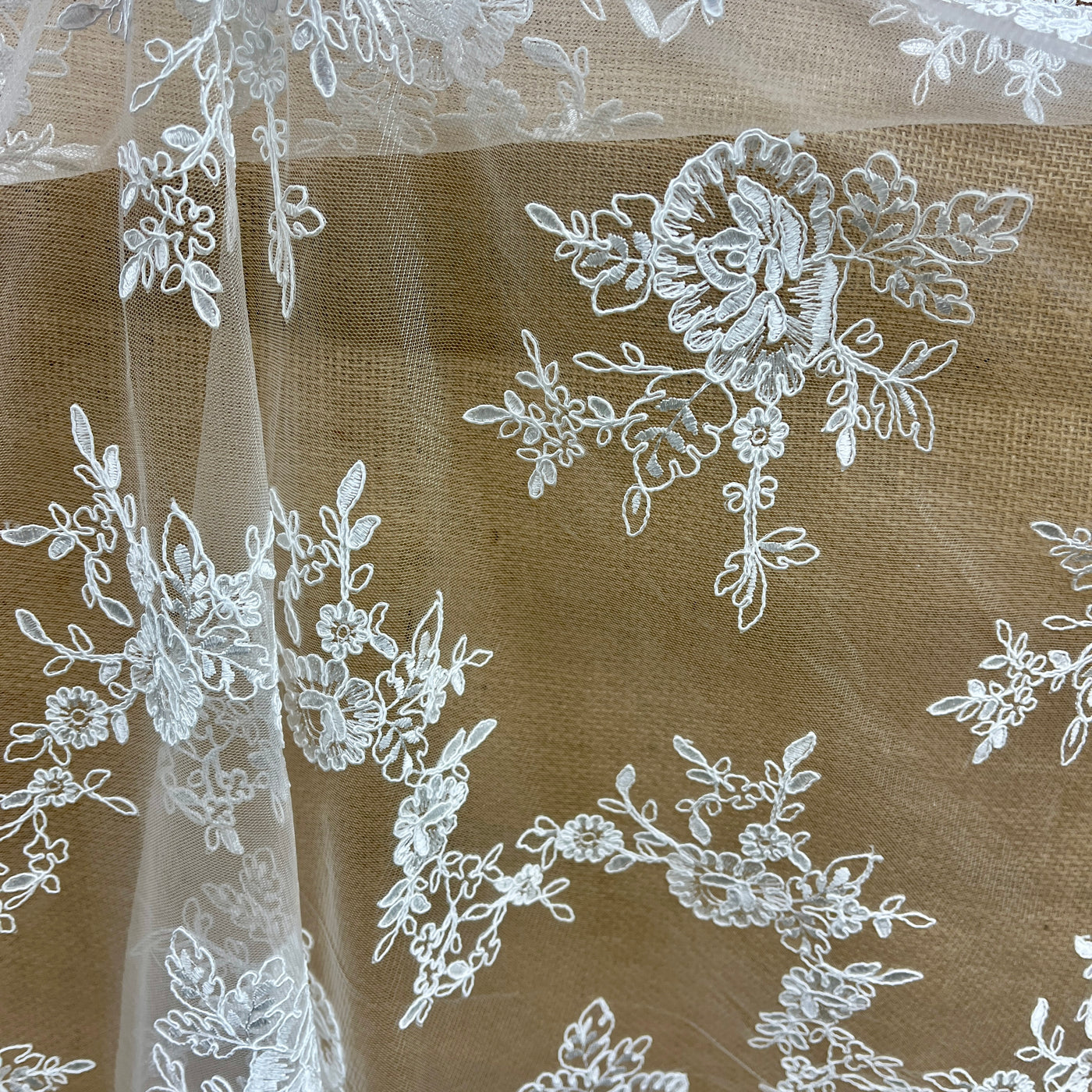 Corded Bridal Lace Fabric Embroidered on 100% Polyester Net Mesh | Lace USA -96788W