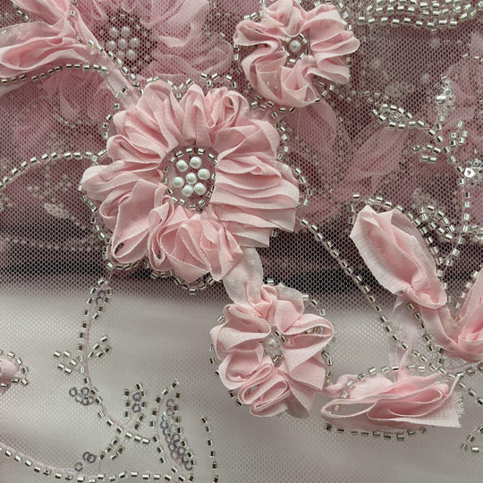 Beaded 3D Floral Lace Fabric Embroidered on 100% Polyester Net Mesh | Lace USA - GD-10143