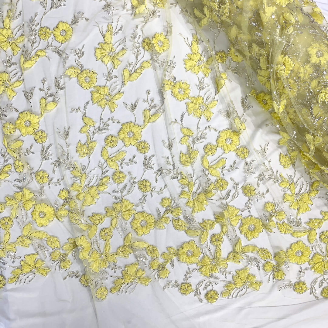 Beaded 3D Floral Lace Fabric Embroidered on 100% Polyester Net Mesh | Lace USA - GD-10143