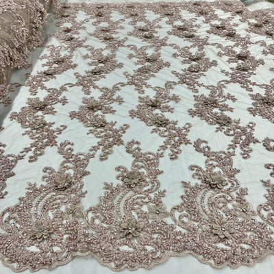 Beaded 3D Floral Lace Fabric Embroidered on 100% Polyester Net Mesh | Lace USA - GD-2302