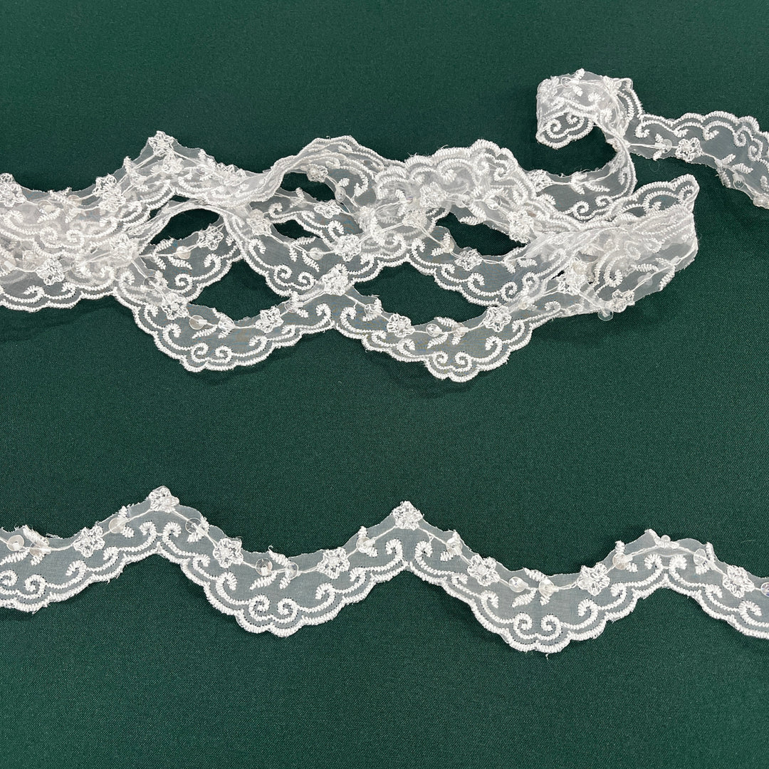 Beaded Lace Trimming Embroidered on 100% Polyester Organza | Lace USA - 20046N-BP-White