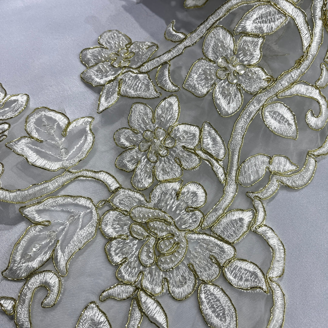 Beaded & Corded Lace Trimming Embroidered on 100% Polyester Organza | Lace USA - 95983N-BP