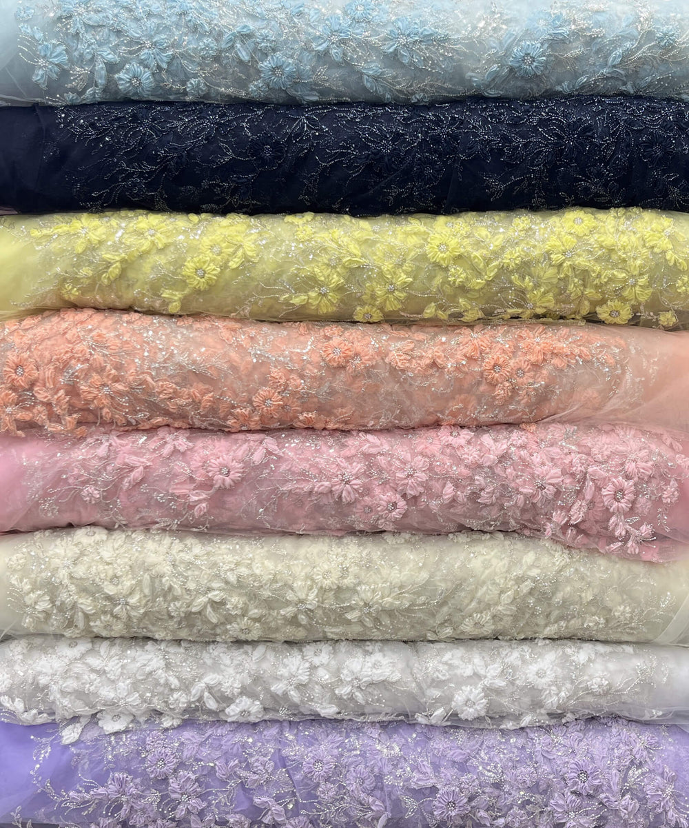 Beaded 3D Floral Lace Fabric Embroidered on 100% Polyester Net Mesh | Lace USA - GD-10143