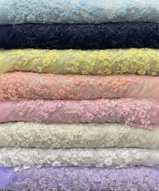 Beaded 3D Floral Lace Fabric Embroidered on 100% Polyester Net Mesh | Lace USA - GD-10143