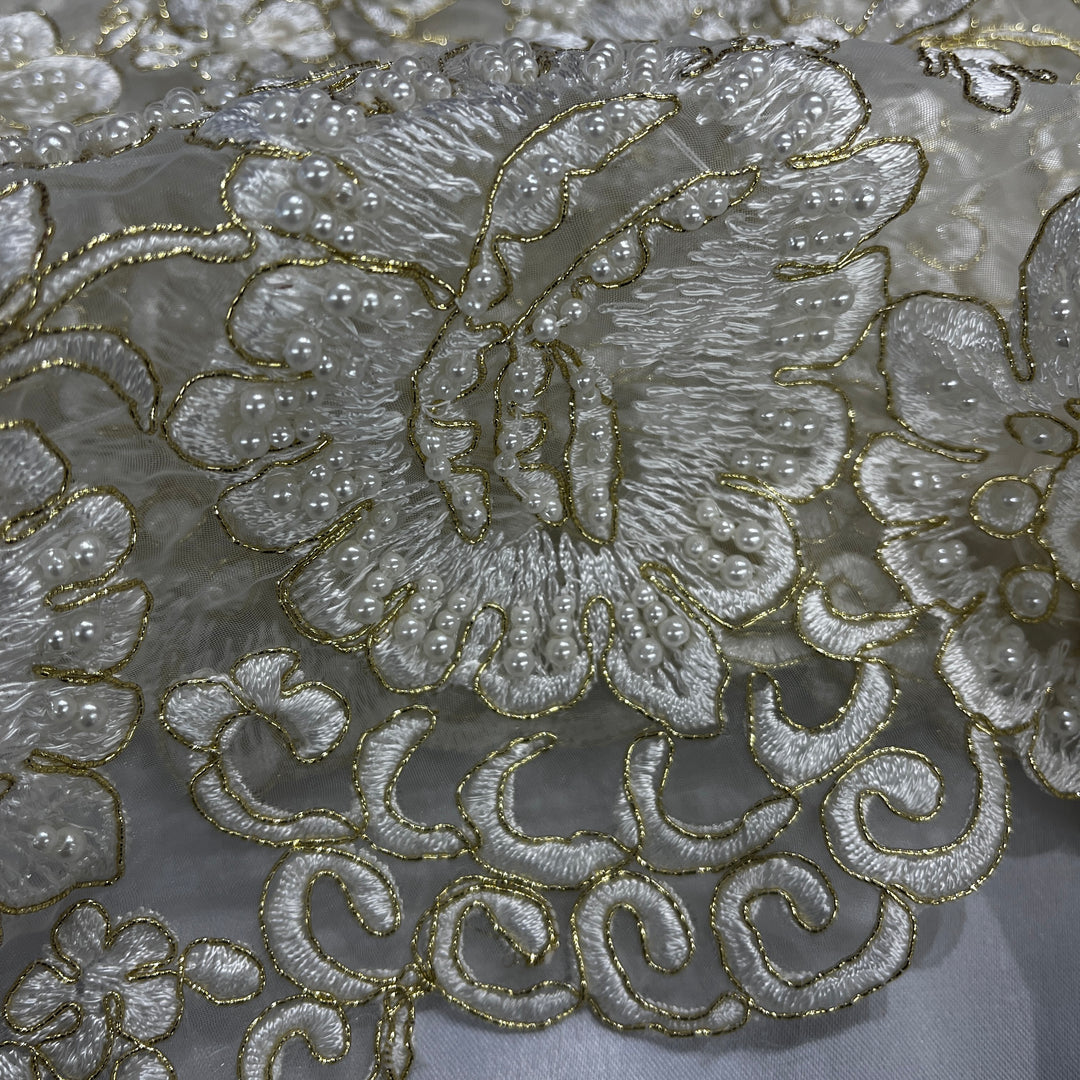 Beaded & Corded Lace Trimming Embroidered on 100% Polyester Organza | Lace USA - 95985N-BP