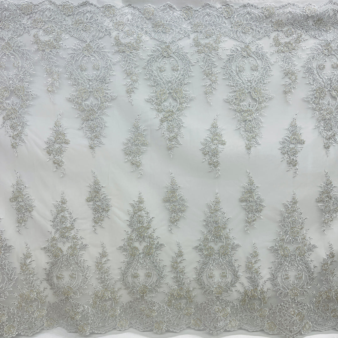 Beaded & Corded Bridal Lace Fabric Embroidered on 100% Polyester Net Mesh | Lace USA - GD-55619