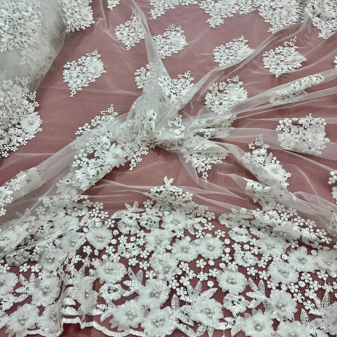 Beaded 3D Floral Lace Fabric Embroidered on 100% Polyester Net Mesh | Lace USA - GD-176