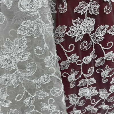 Beaded & Corded Bridal Lace Fabric Embroidered on 100% Polyester Net Mesh | Lace USA - 95042W-BP