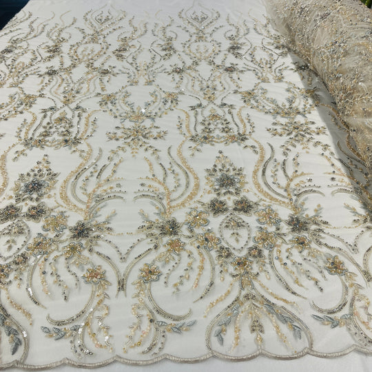 Beaded Lace Fabric Embroidered on 100% Polyester Net Mesh | Lace USA - GD-26227