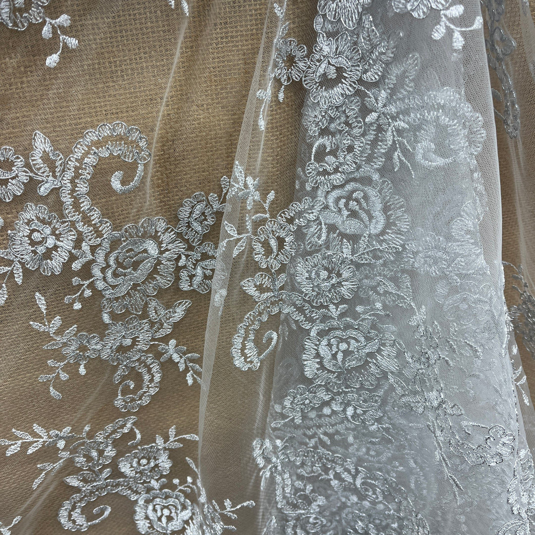 Corded Bridal Lace Fabric Embroidered on 100% Polyester Net Mesh | Lace USA -96806W