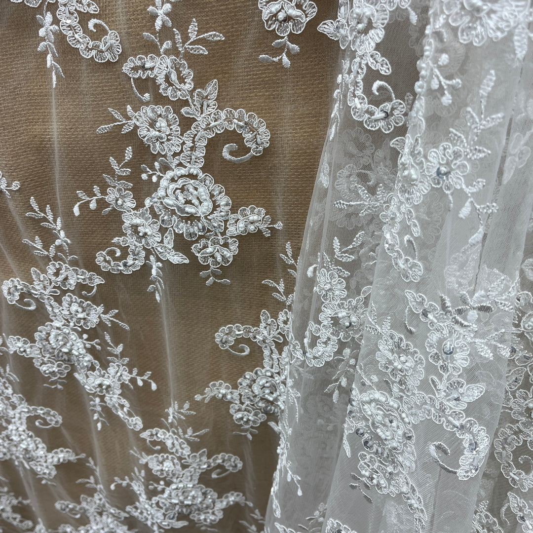 Beaded & Corded Bridal Lace Fabric Embroidered on 100% Polyester Net Mesh | Lace USA - 96806W-BPB