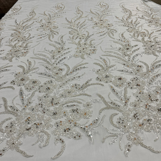 Beaded Lace Fabric Embroidered on 100% Polyester Net Mesh | Lace USA - GD-266 50" Wide