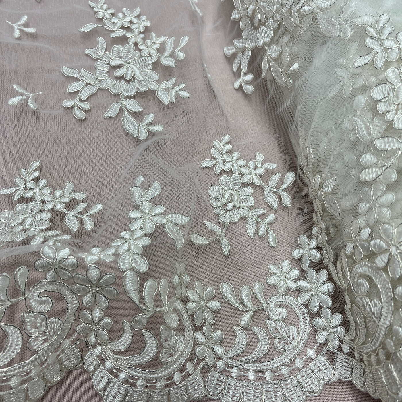 Corded Bridal Lace Fabric Embroidered on 100% Polyester Net Mesh | Lace USA - 91436W