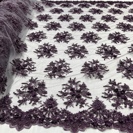 Beaded 3D Floral Lace Fabric Embroidered on 100% Polyester Net Mesh | Lace USA - GD-361