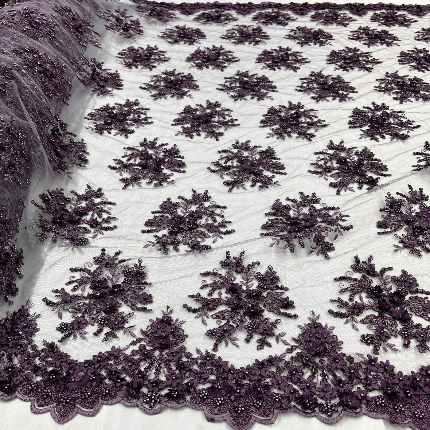 Beaded 3D Floral Lace Fabric Embroidered on 100% Polyester Net Mesh | Lace USA - GD-361