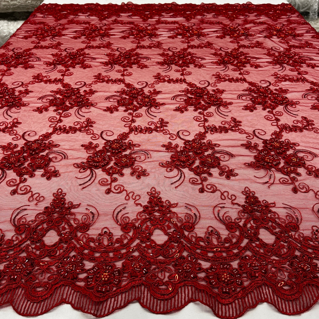 Beaded & Corded Bridal Lace Fabric Embroidered on 100% Polyester Net Mesh | Lace USA - GD-1822 Red