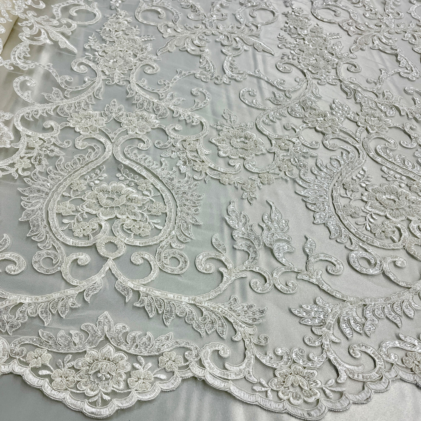 Beaded & Corded Bridal Lace Fabric Embroidered on 100% Polyester Net Mesh | Lace USA - GD-55719