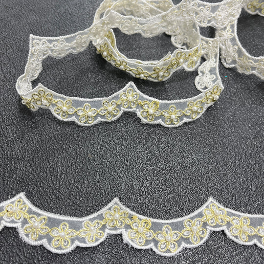 Beaded & Corded Lace Trimming Embroidered on 100% Polyester Net Mesh | Lace USA - 96758N-BP