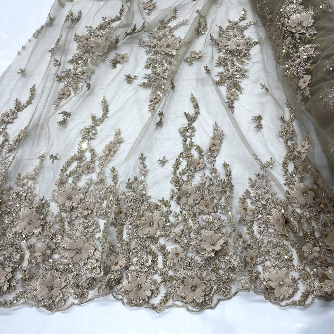 Beaded 3D Floral Lace Fabric Embroidered on 100% Polyester Net Mesh | Lace USA - GD-2880