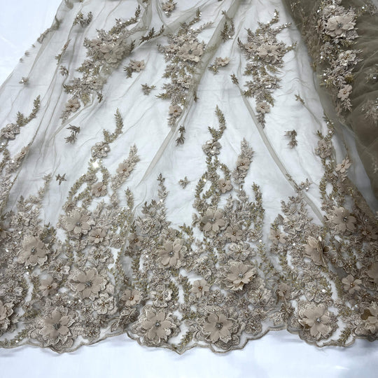 Beaded 3D Floral Lace Fabric Embroidered on 100% Polyester Net Mesh | Lace USA - GD-2880