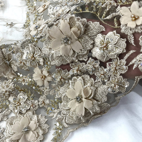 Beaded 3D Floral Lace Fabric Embroidered on 100% Polyester Net Mesh | Lace USA - GD-2880