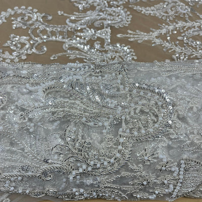 Beaded Lace Fabric Embroidered on 100% Polyester Net Mesh | Lace USA - GD-237189 Antique Silver