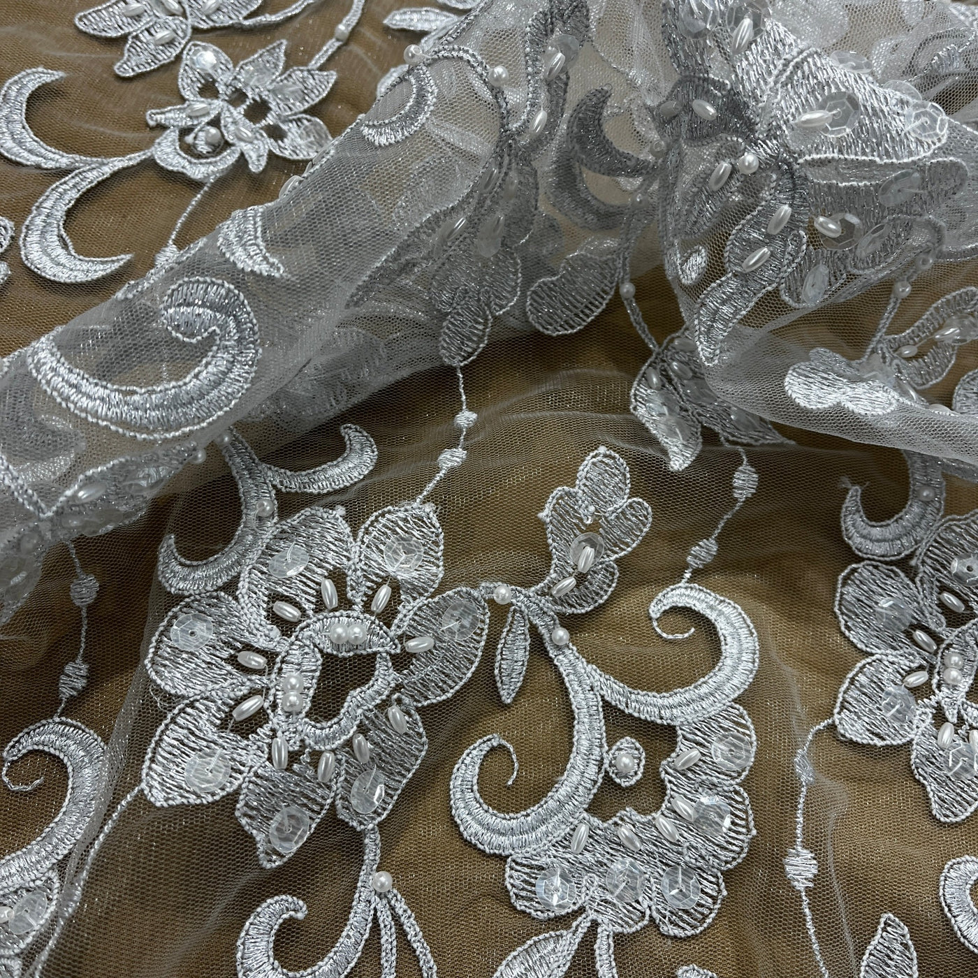 Beaded & Corded Bridal Fabric Lace Embroidered on 100% Polyester Net Mesh | Lace USA - 96297W-BP Silver